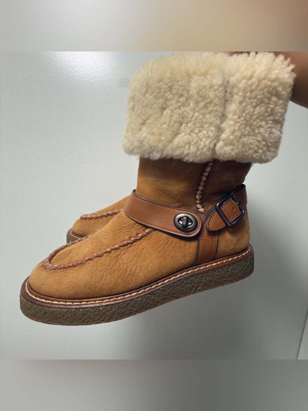 Coach Tan Suede Shearling Cuff Winter Boots with Buckle Strap